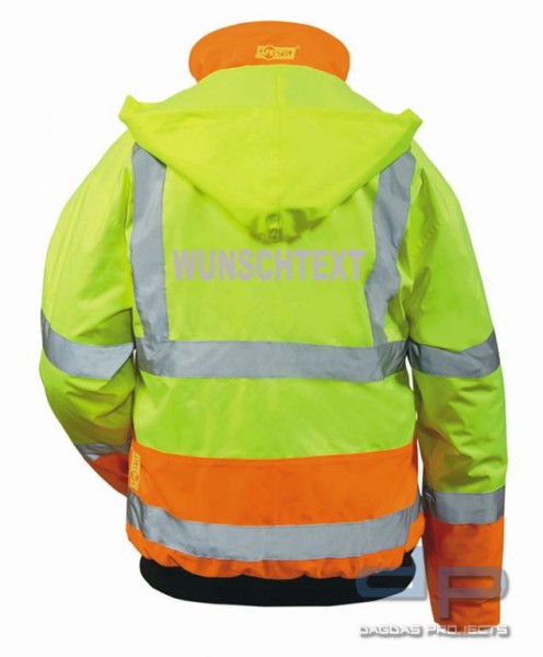 Warnschutz Pilotjacke mit Aufdruck nach Wunsch in reflex silber in Gelb/Orange