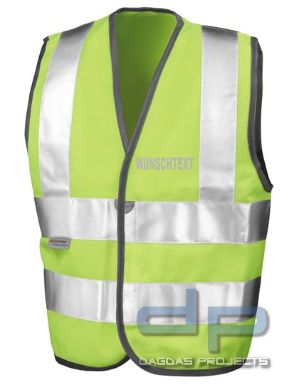 Junior Safety Hi-Viz Vest orange oder gelb mit Wunschaufdruck in reflex silber