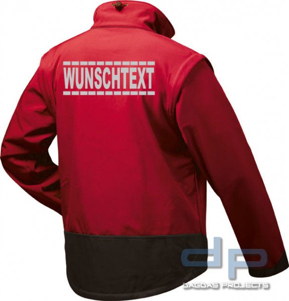 Behörden Softshell Jacke rot/schwarz Wunschtext und gestrichelter Umrandung