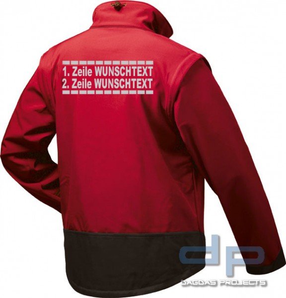 Behörden Softshell Jacke rot/schwarz mit 2 zeiligem Wunschtext und gestrichelter Umrandung