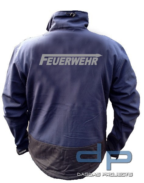 Behörden Softshell Jacke blau/schwarz mit Sonderlogo Feuerwehr Flamme in reflex silber