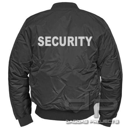 Security Jacke MA1 schwarz mit Reflexaufdruck SECURITY silber Größe: XL und XXL