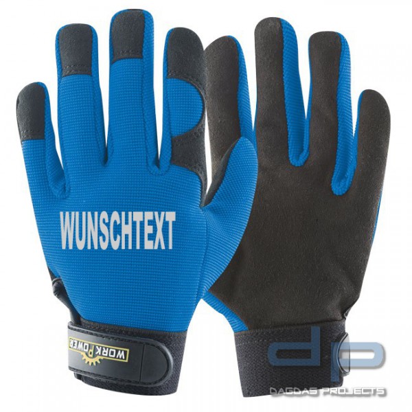 Kinder-Schutzhandschuh blau schwarz mit Wunschtext in reflex silber