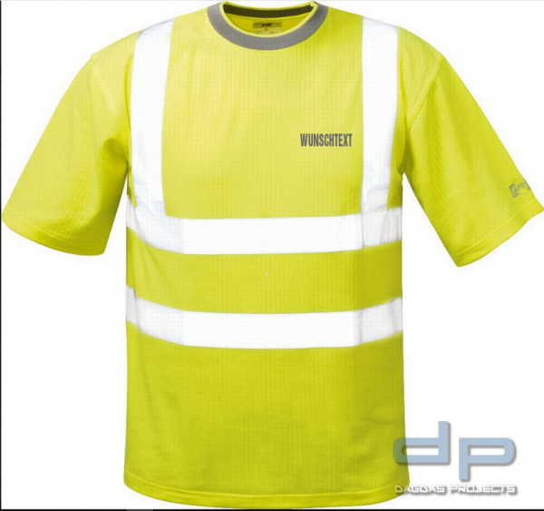 T-Shirts Mischgewebe in Gelb mit Wunschtext auf Brust und Rücken in Reflex Silber