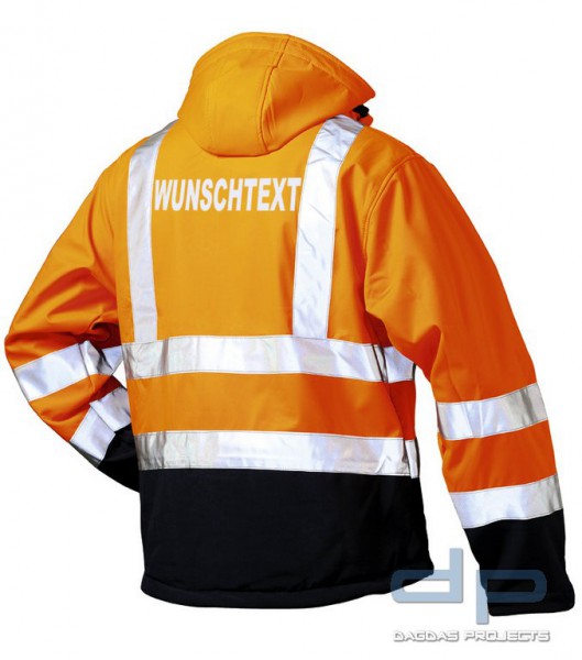 Wunschtext Warnschutz-Softshell Jacke in orange/blau
