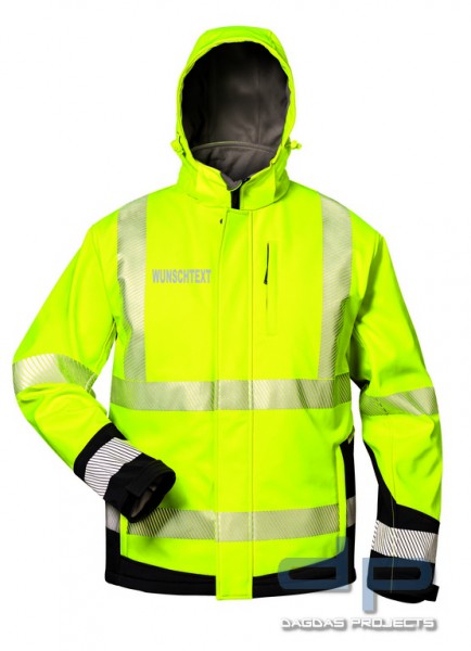Warnschutz-Winter Softshell Jacke mit Kapuze und Wunschtext gelb