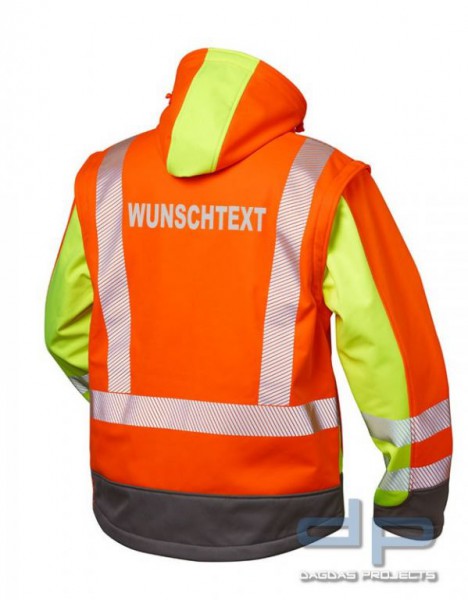 Warnschutz Softshell Jacke mit Aufdruck nach Wunsch in reflex silber in Orange/Gelb/Grau