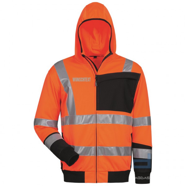 WARNSCHUTZSWEATJACKE in Orange mit Aufdruck nach Wunsch auf Brust und Rücken