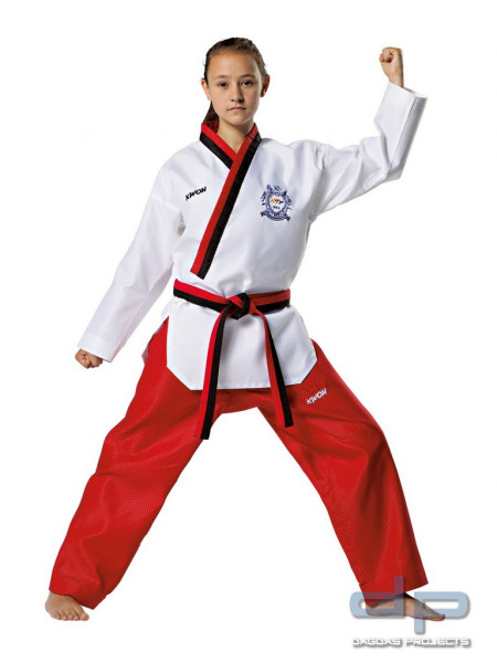 Poomsae Anzug Mädchen WT anerkannt in Weiß/Rot mit rotem Revers