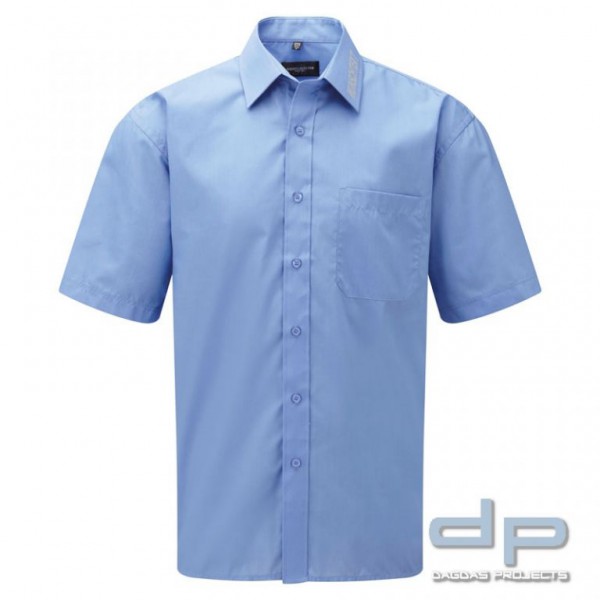 Kurzärmeliges Popeline-Hemd hellblau mit Kragenaufdruck nach Wunsch in Reflex silber