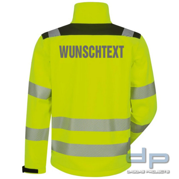 WARNSCHUTZ-SOFTSHELLJACKE in fluoreszierend gelb/schwarz abgesetzt mit Wunschdruck auf Brsut und Rüc