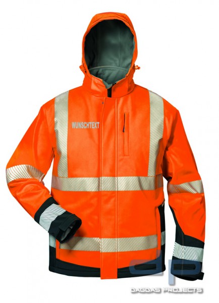 Warnschutz-Winter Softshell Jacke mit Kapuze und Wunschtext orange