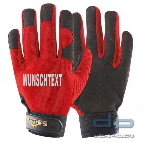 Kinder-Schutzhandschuh rot schwarz mit Wunschtext in reflex silber