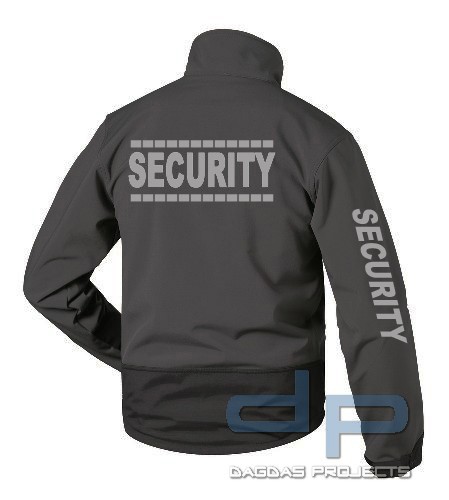 Security Softshell Jacke schwarz mit 3 Fach Sonderdruck in Reflex silber und gestrichelte Umrandung