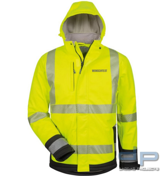 Warnschutz-Winter Softshell Jacke mit Kapuze und Wunschtext gelb