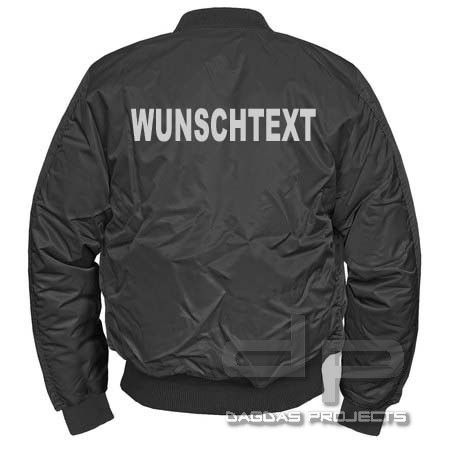 Jacke MA1 schwarz mit Wunschaufdruck in Reflex Silber